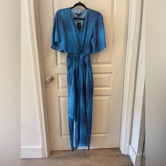 Maje Blue Tie Dye Satin Maxi Dress Size 6 - Picture 3 of 9